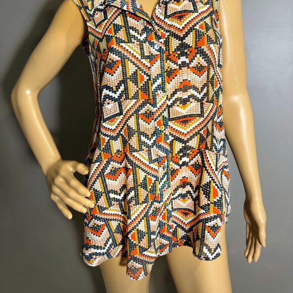 H&M Boho Geometric Print Sleeveless Button-Up collared blouse top - Picture 2 of 6
